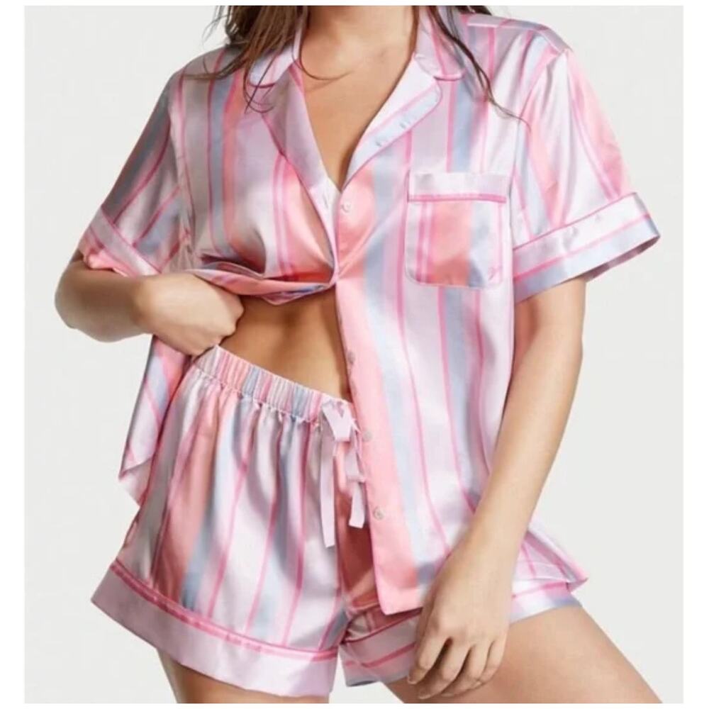 Victoria’s Secret Satin Short Pajama Set multicolor stripes 2 piece Small